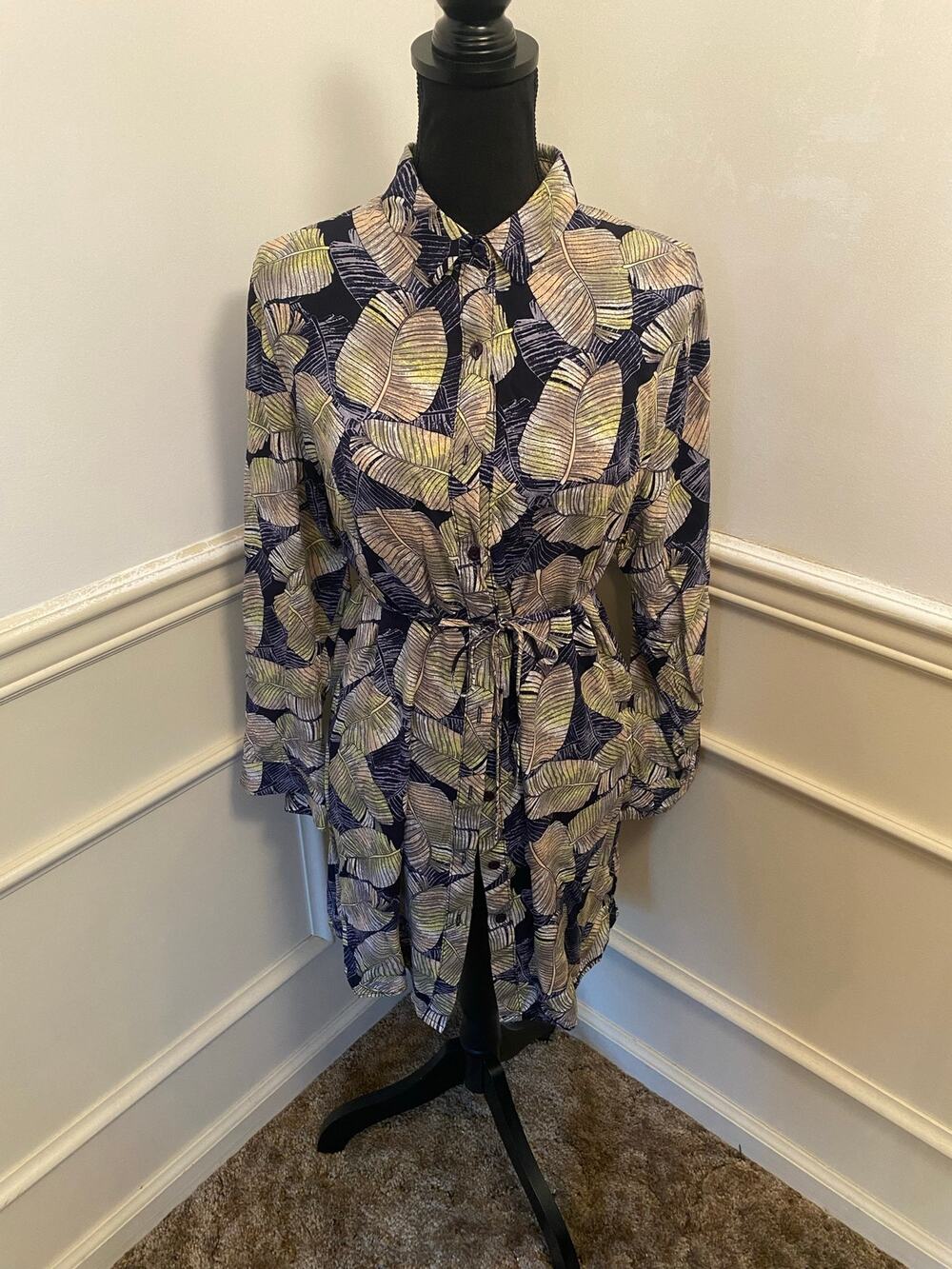 Julia Tropical Banana Leaf Shirt Dress Button Front Long Sleeve Collar Belted